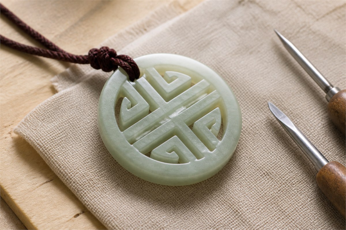 Pale celadon carved jade longevity medallion on linen beside two small carving tools