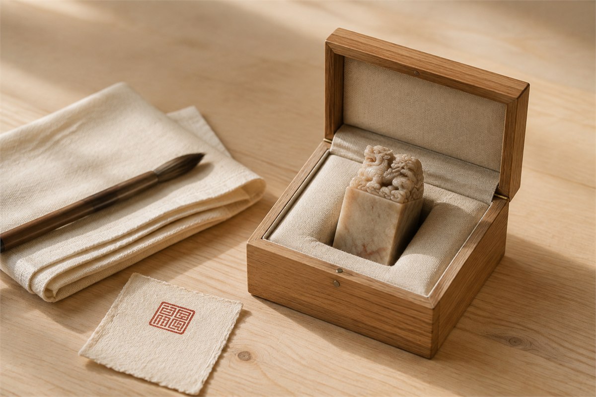 Dry carved stone seal stored in a fitted cloth-lined wooden box beside a soft brush