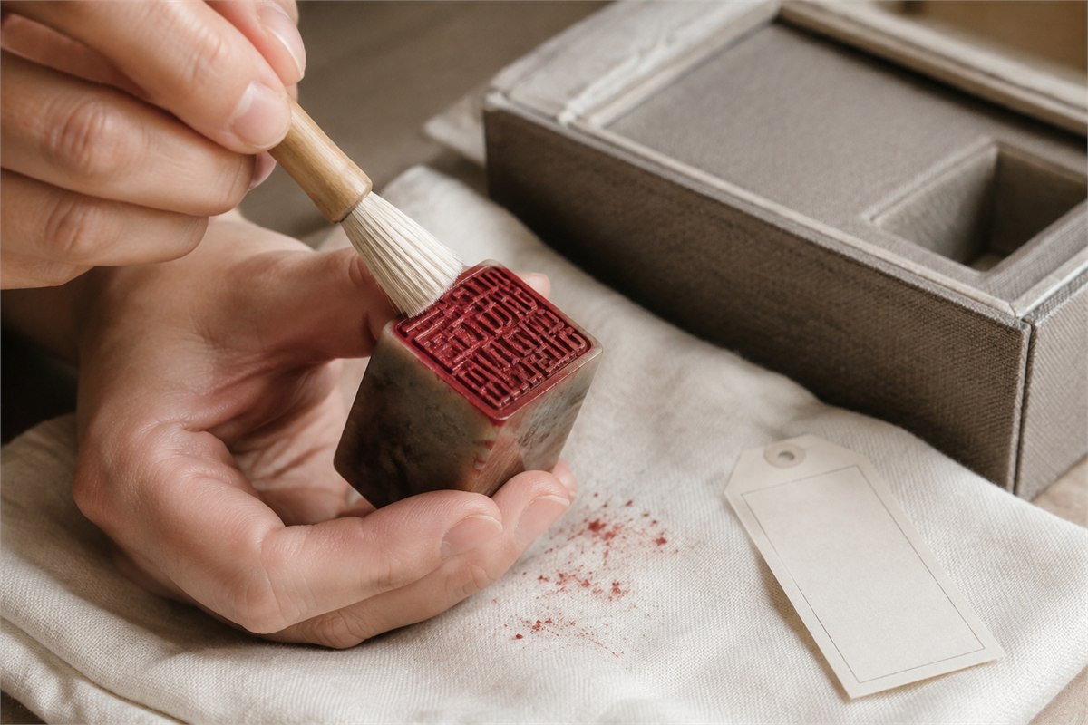 Hands gently brushing excess cinnabar paste from the raised face of a stone seal