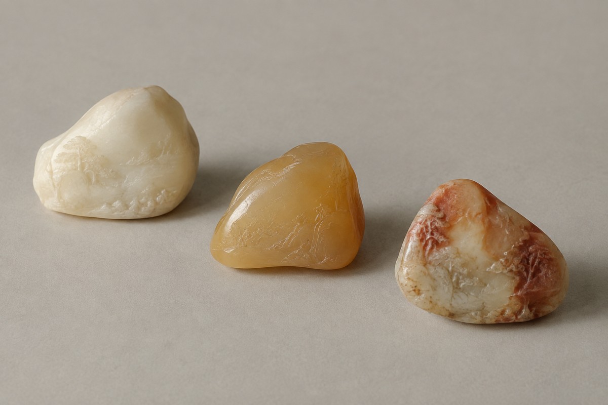 Three rounded stones show ivory, honey, and mottled russet tones.