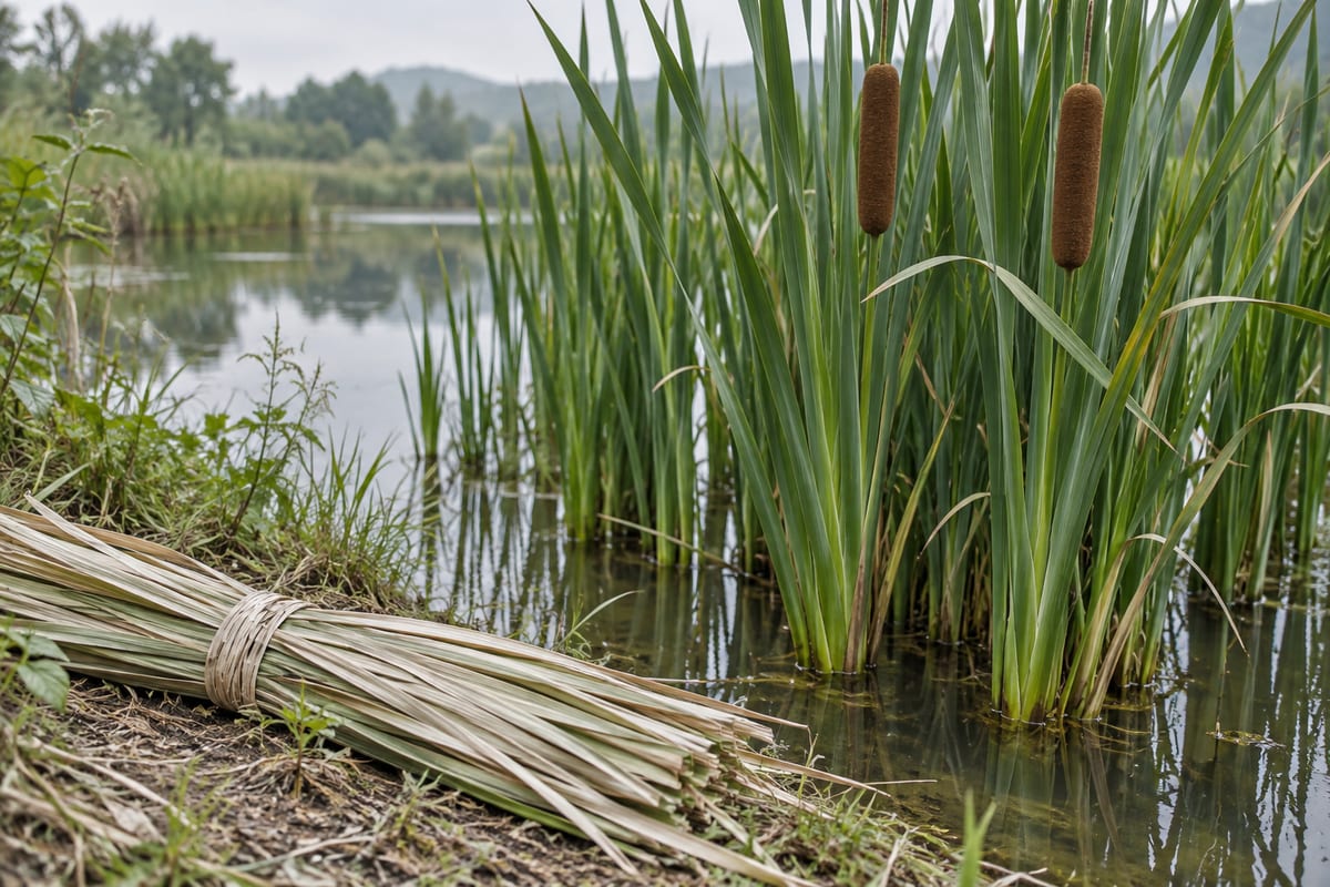 Cattails growing beside still water with a bundle of dried leaves on the bank