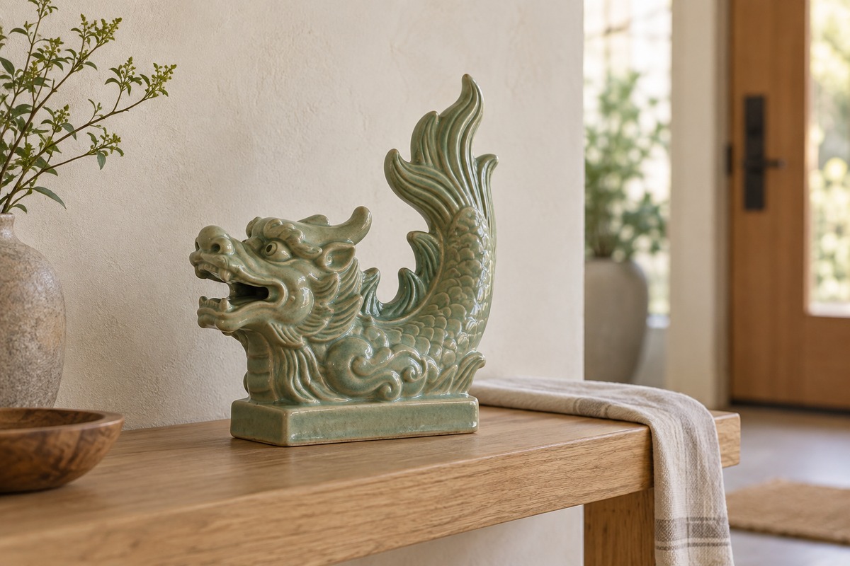 Small celadon glazed Chiwen sculpture on a wooden shelf beside a doorway