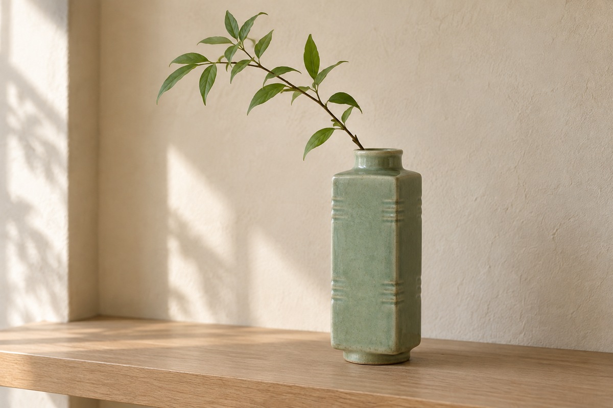 Celadon-glazed square cong-shaped vase holding a slender branch