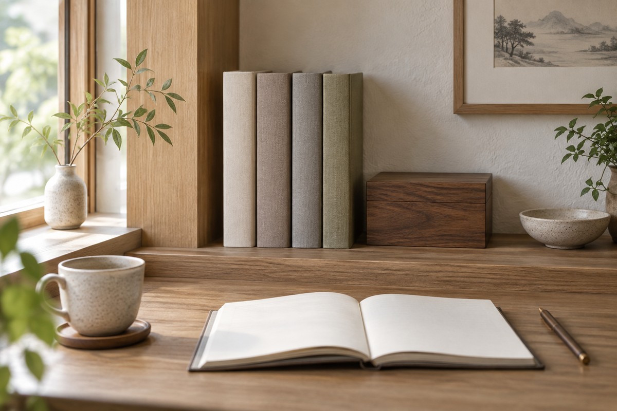 Several separate cloth-bound books on a shelf beside an open blank notebook.