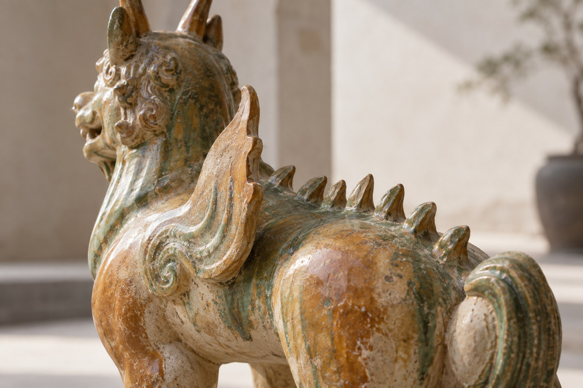 Upward ceramic shoulder ridge and back spines on a glazed guardian