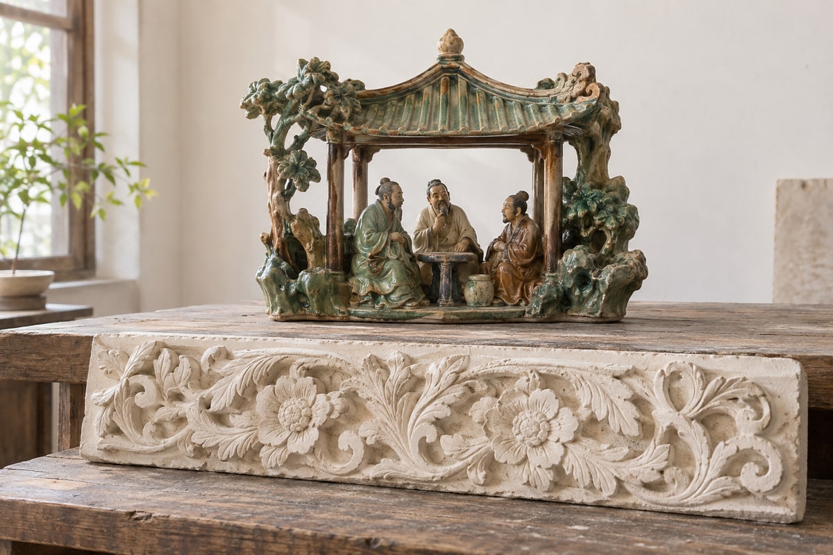 A glazed ceramic pavilion scene above a separate pale floral lime-plaster relief sample.