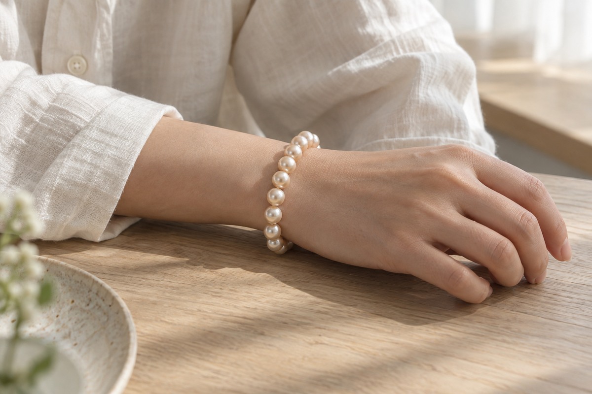 Pale champagne pearl bracelet worn beside an ivory linen cuff.