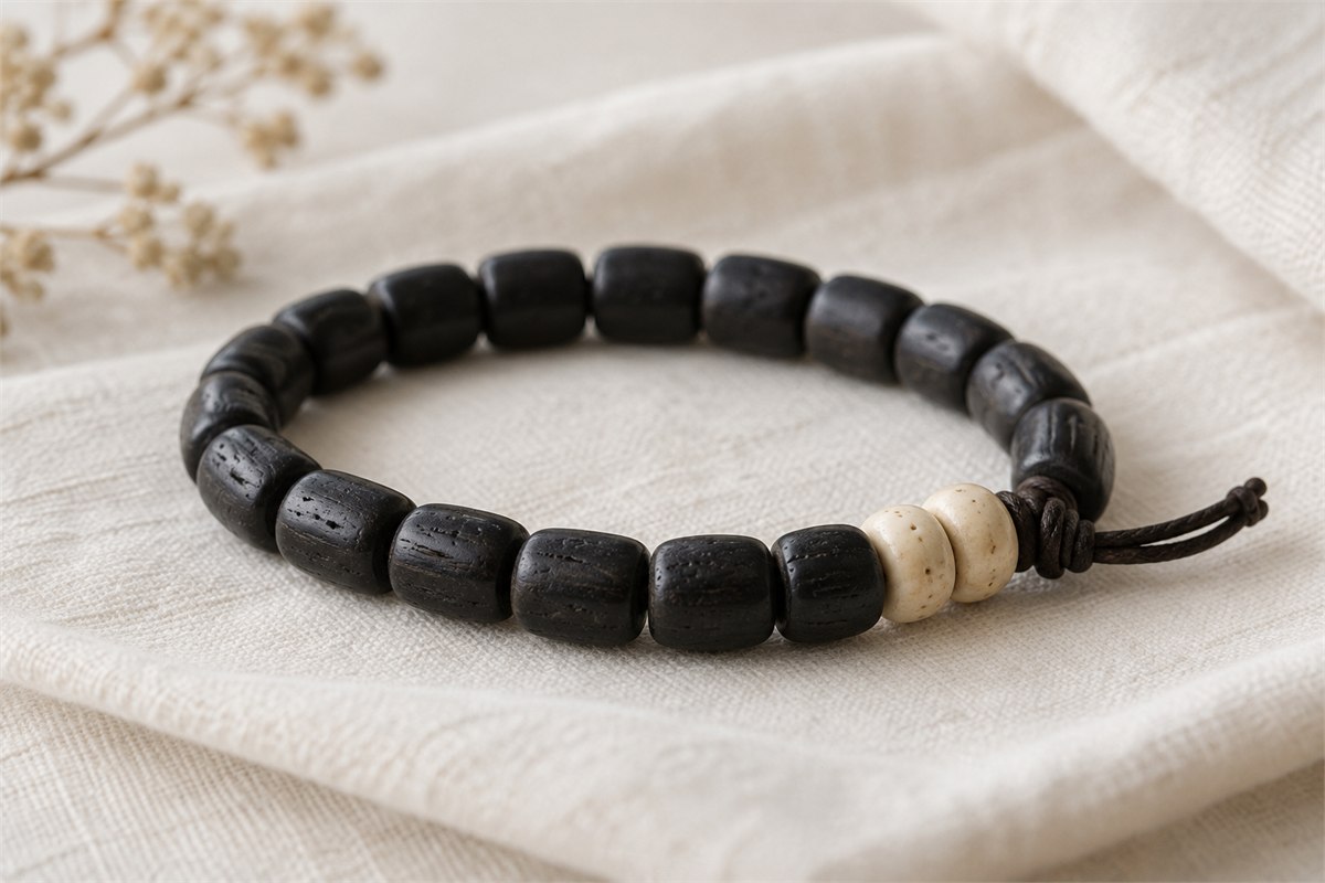 Charcoal bone beads with two cream spacers on a light fabric surface.