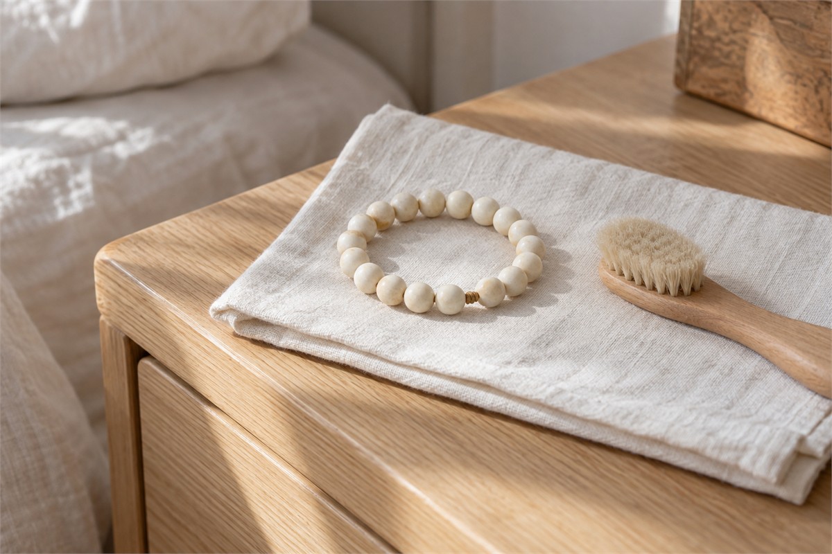 Pale bead bracelet on a cotton cloth beside a soft brush.