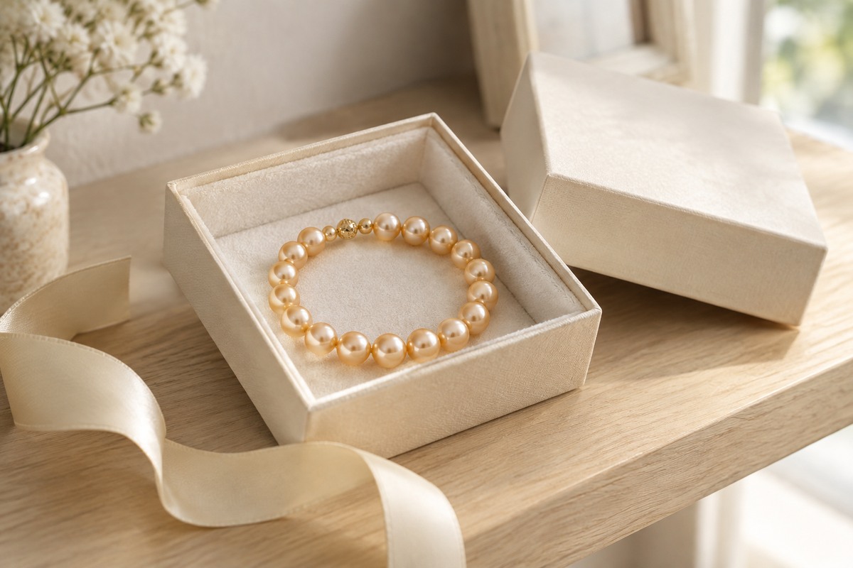 Golden pearl bracelet inside an open ivory gift box.