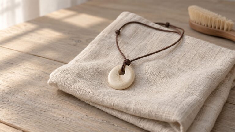Pale pendant necklace on folded cotton beside a soft brush.