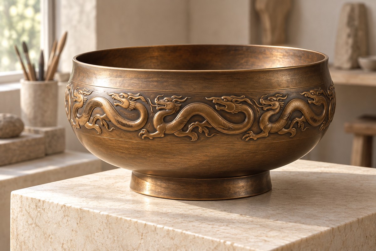 A bronze-colored footed bowl carries a band of curling dragon relief around its belly.