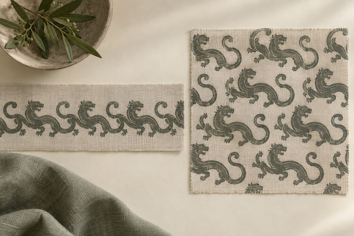 Linen swatches show dark coiling dragon motifs in a narrow border and an all-over field.