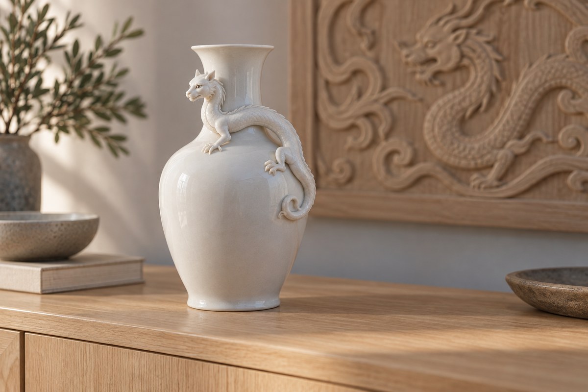 White vase with a raised curling dragon stands before a carved wooden panel.
