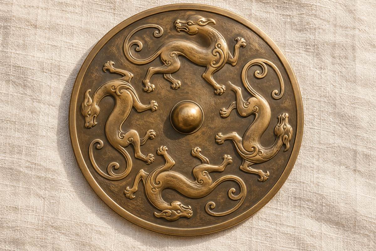 Four bronze-colored coiling dragon forms circle a central knob on a round disc.