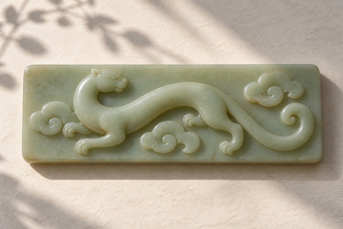 Long-bodied chi and three cloudlike scrolls carved in relief on a green jade plaque.