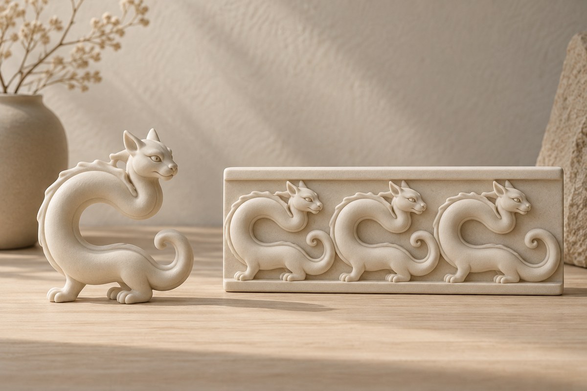 Cream ceramic chi figure beside a tile with three repeating coiled creatures.