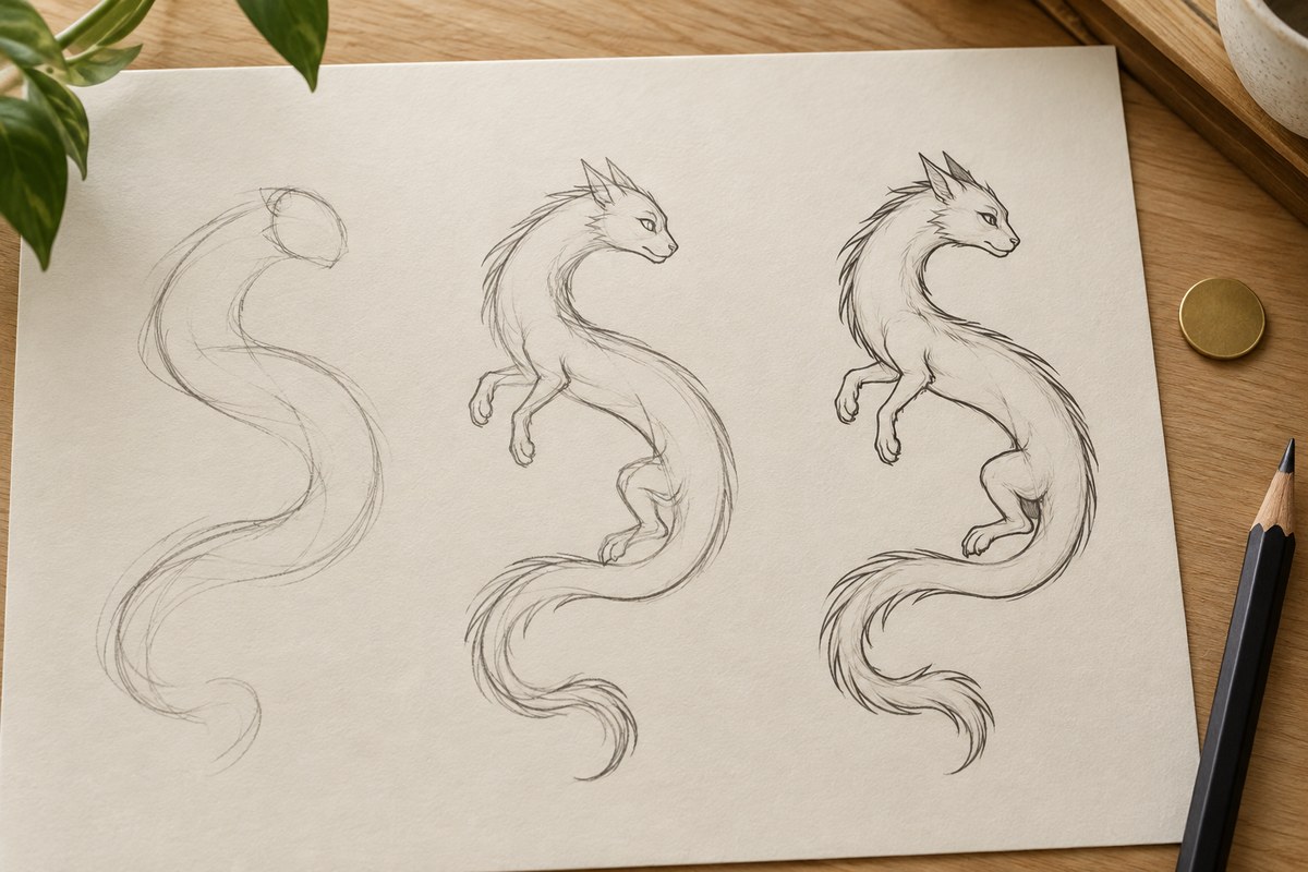 Three graphite studies progress from a curved gesture to a clearer dragon outline.