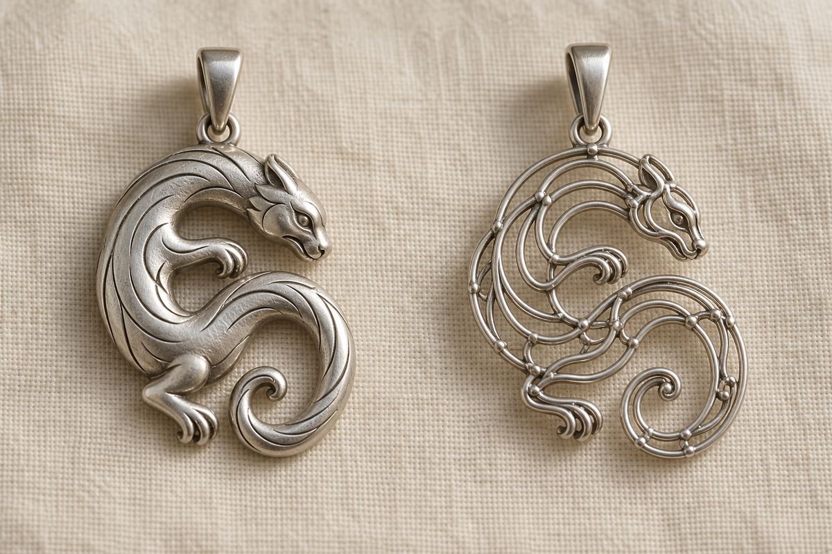 Two silver-colored coiled-dragon pendants show solid surface details and open wire construction.