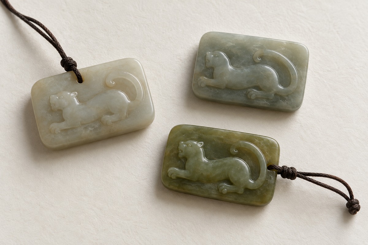 Three chi relief ornaments in pale grey, grey-green, and deeper olive-green tones.