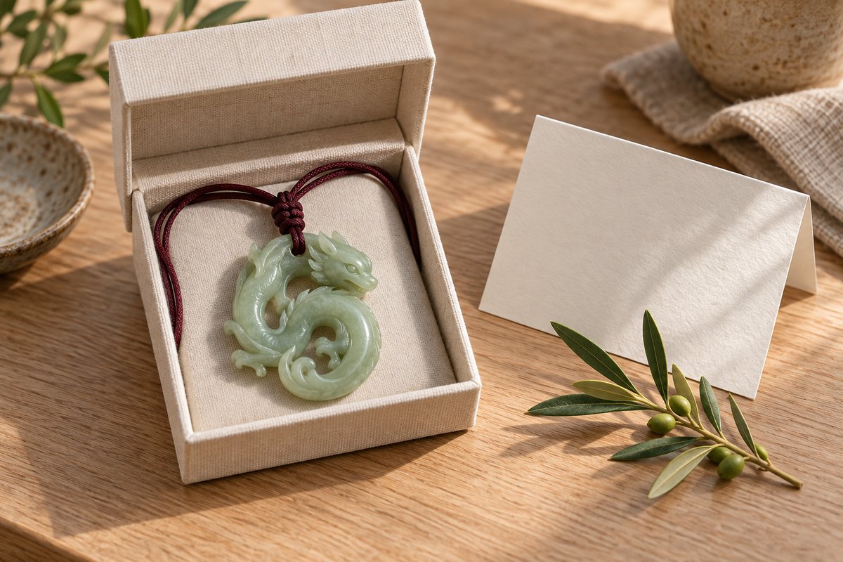 Pale green chi pendant in an ivory gift box sits beside a blank folded card.