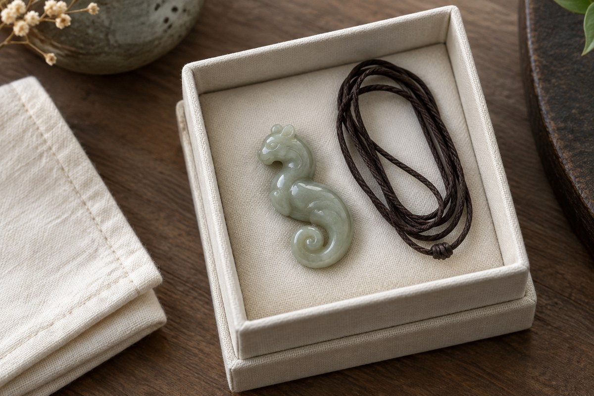 Jade chi ornament and loosely coiled cord resting separately in a fabric-lined box.