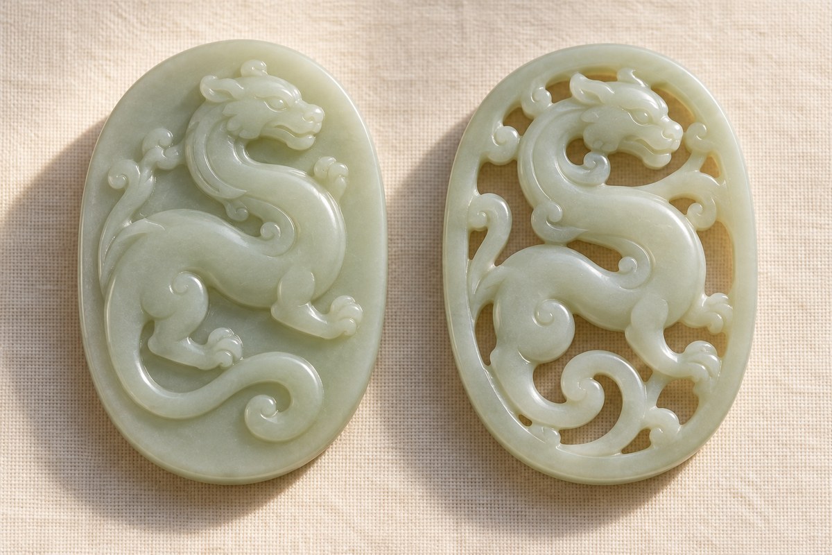 Two pale jade-style plaques compare raised dragon relief with open spaces around a similar creature.