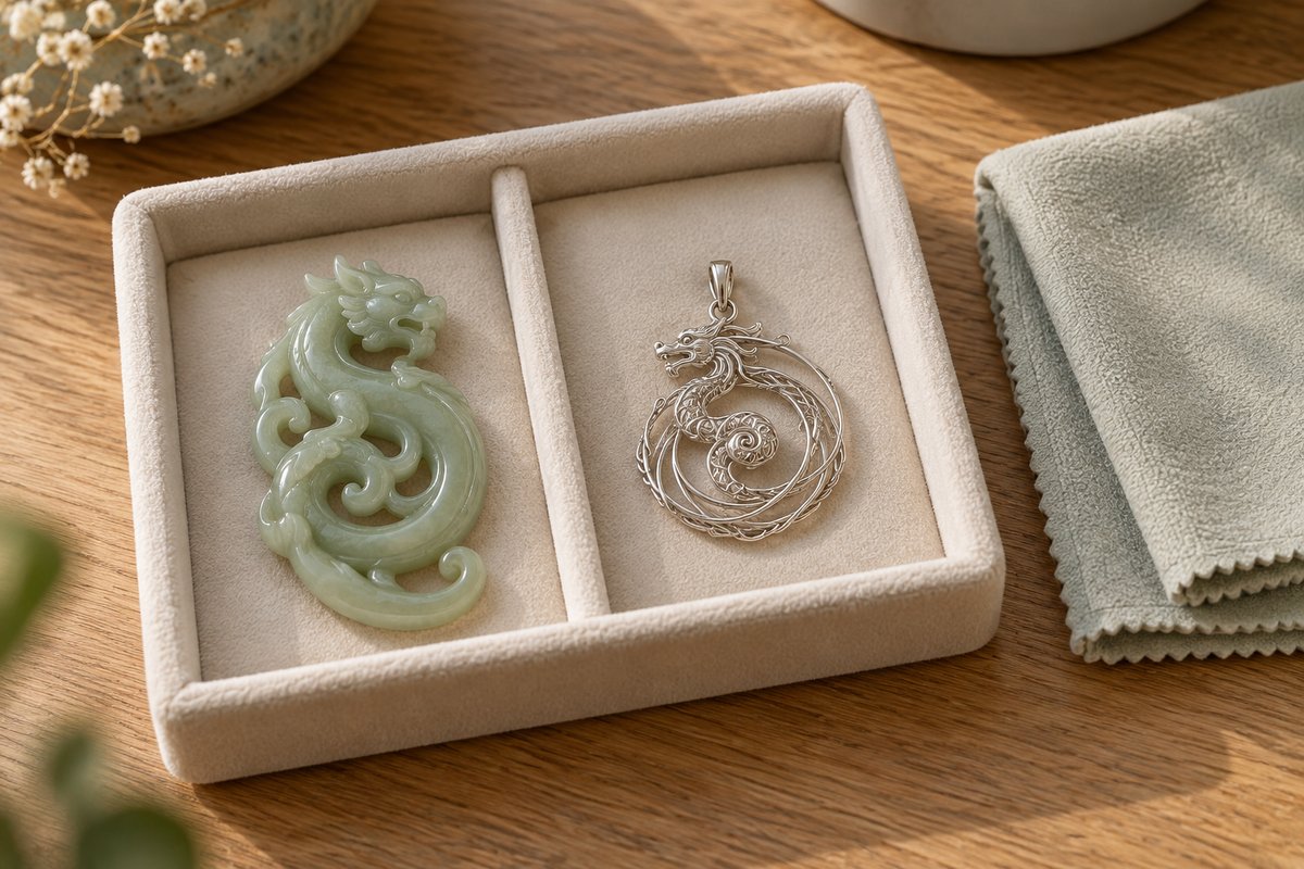 Jade-style and wire dragon pendants rest in separate padded compartments beside a soft cloth.