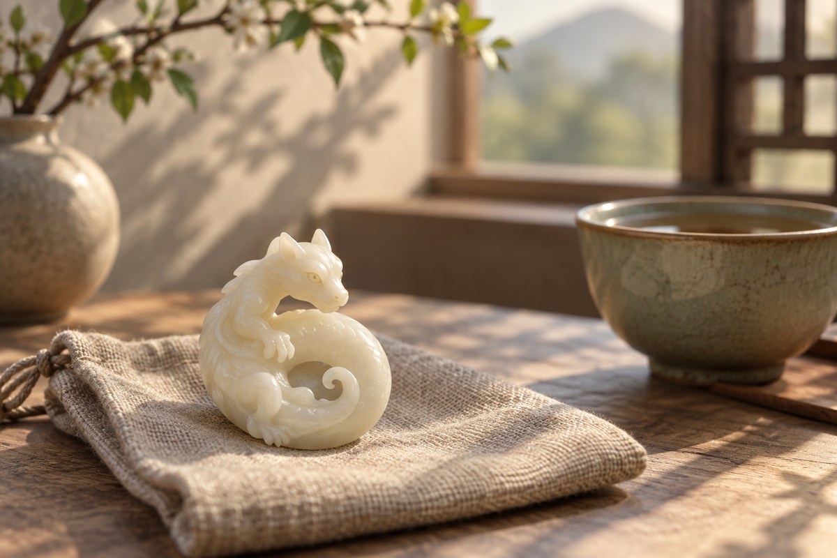 Small ivory coiled-dragon keepsake rests on a linen pouch beside a ceramic teacup.