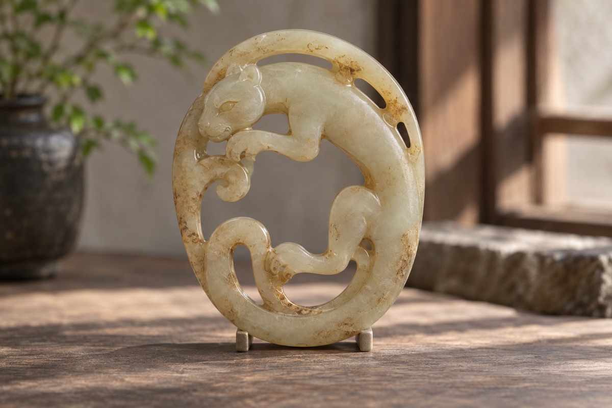 Pierced oval jade chi carving with open gaps and continuous stone bridges on a small support.