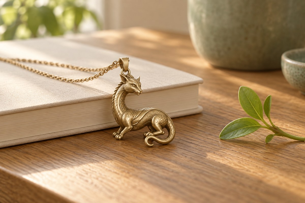 Warm metal chi-dragon pendant beside a closed cream notebook and green leaves.