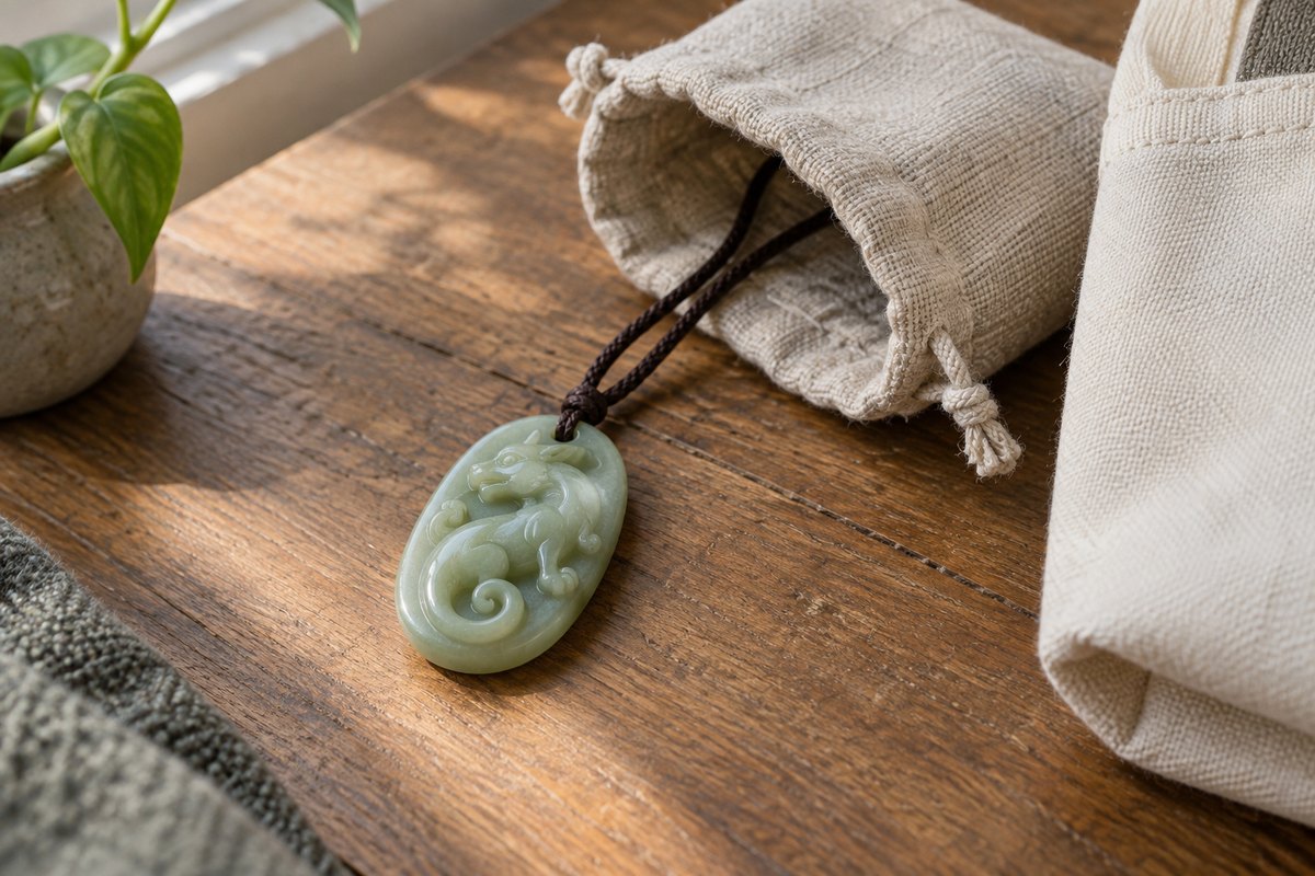 Oval green chi pendant on a dark cord beside an open linen travel pouch.