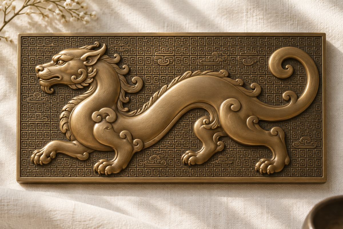 Raised bronze-colored dragon relief stands above a fine square-spiral background.
