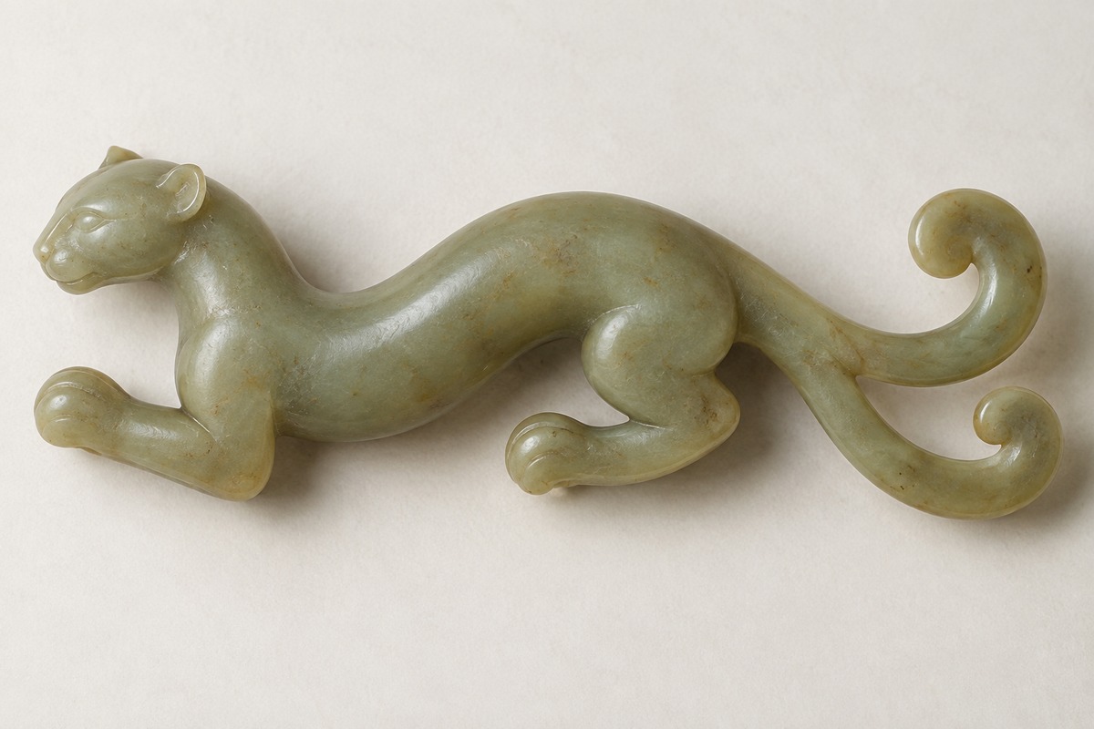 Smooth jade chi with a sinuous body, bent paws, and a forked scrolling tail.
