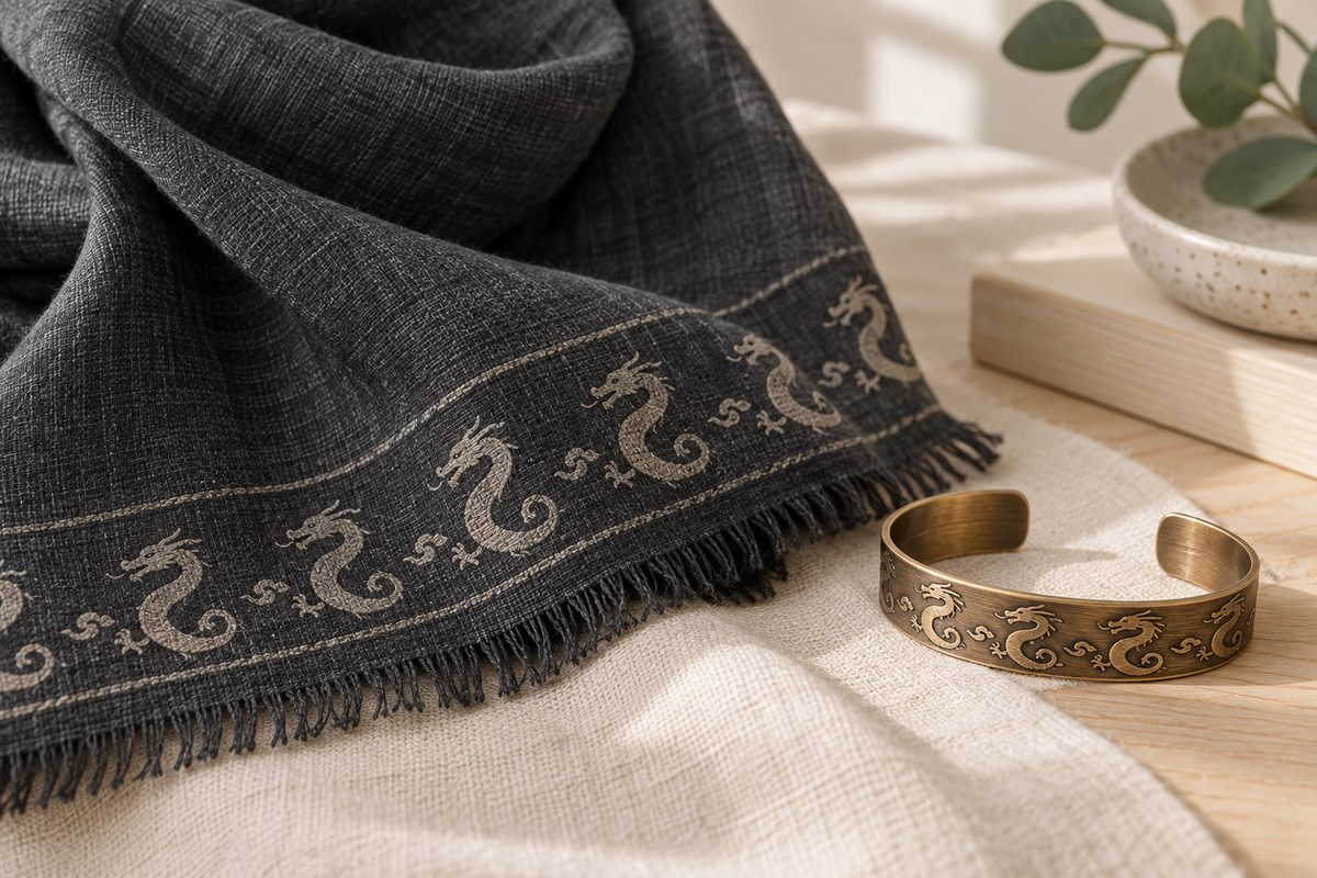 Dark linen scarf and warm metal cuff carry small repeating coiled dragon motifs.