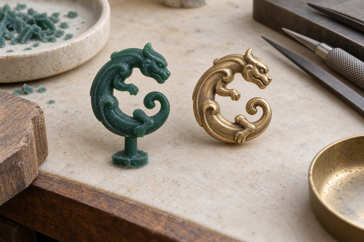 Teal wax coiled-dragon model with a sprue stands beside a matching warm metal form.