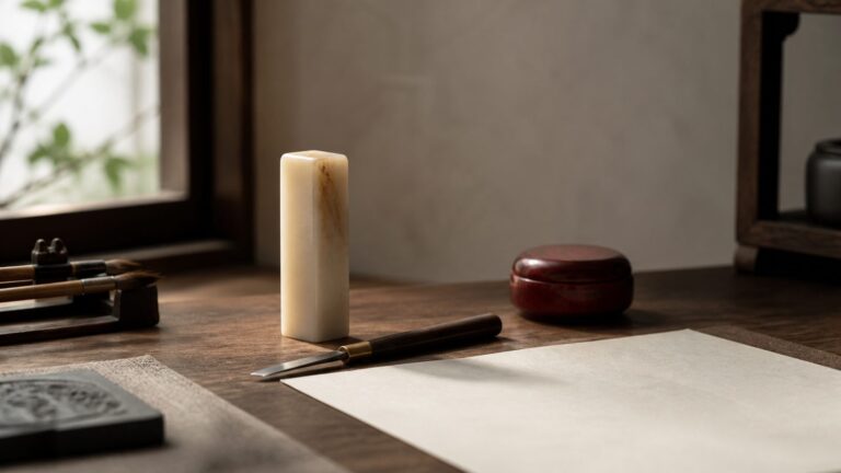 Chinese seal carving desk with pale stone and traditional tools