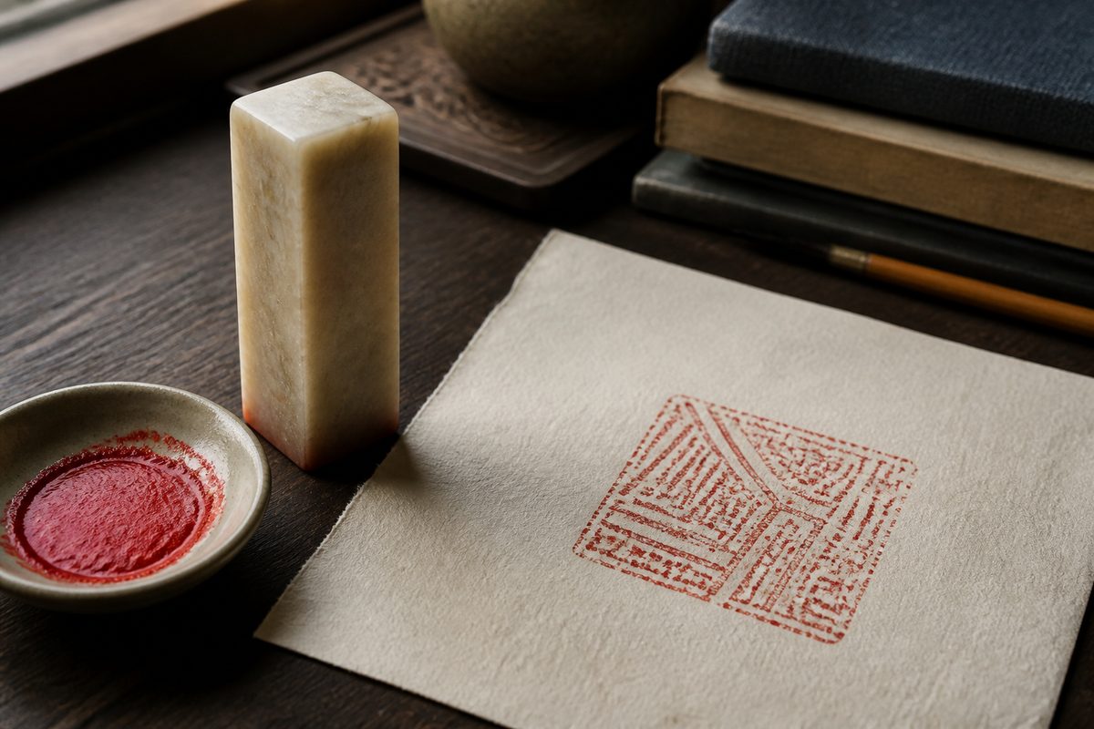 Chinese seal carving stone with cinnabar paste and an abstract red impression