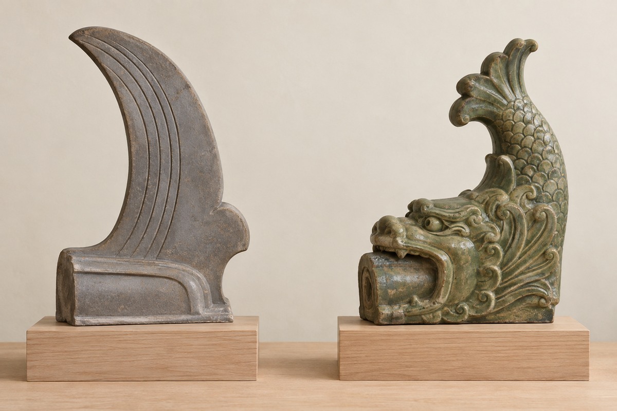 Two ceramic ridge-end studies showing a sweeping tail and a dragon mouth