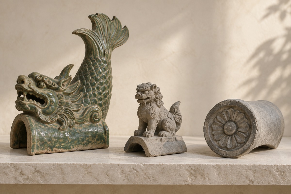 Large ceramic Chiwen study beside a smaller roof beast and an eave-end tile