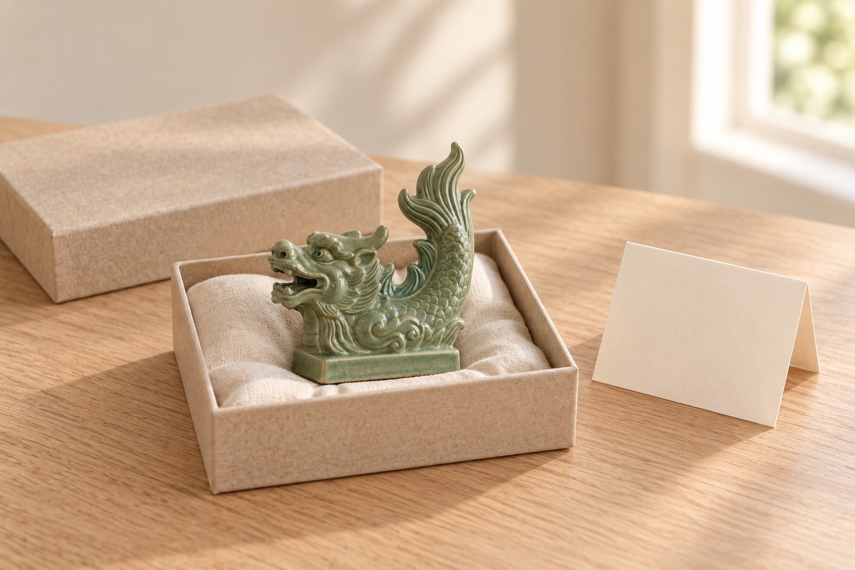 Small ceramic Chiwen in an open neutral paper gift box with a blank card