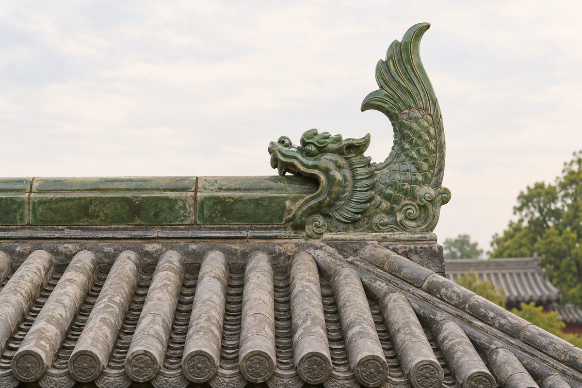 Green glazed Chiwen with open jaws fitted around a horizontal roof ridge
