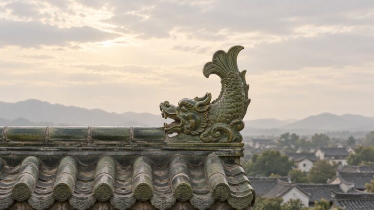 Glazed Chiwen on a main ridge against a softly lit neutral sky