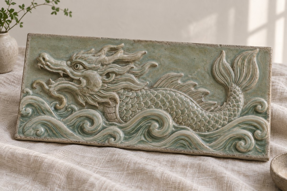 Ceramic relief of a dragon-fish creature above gently modeled waves