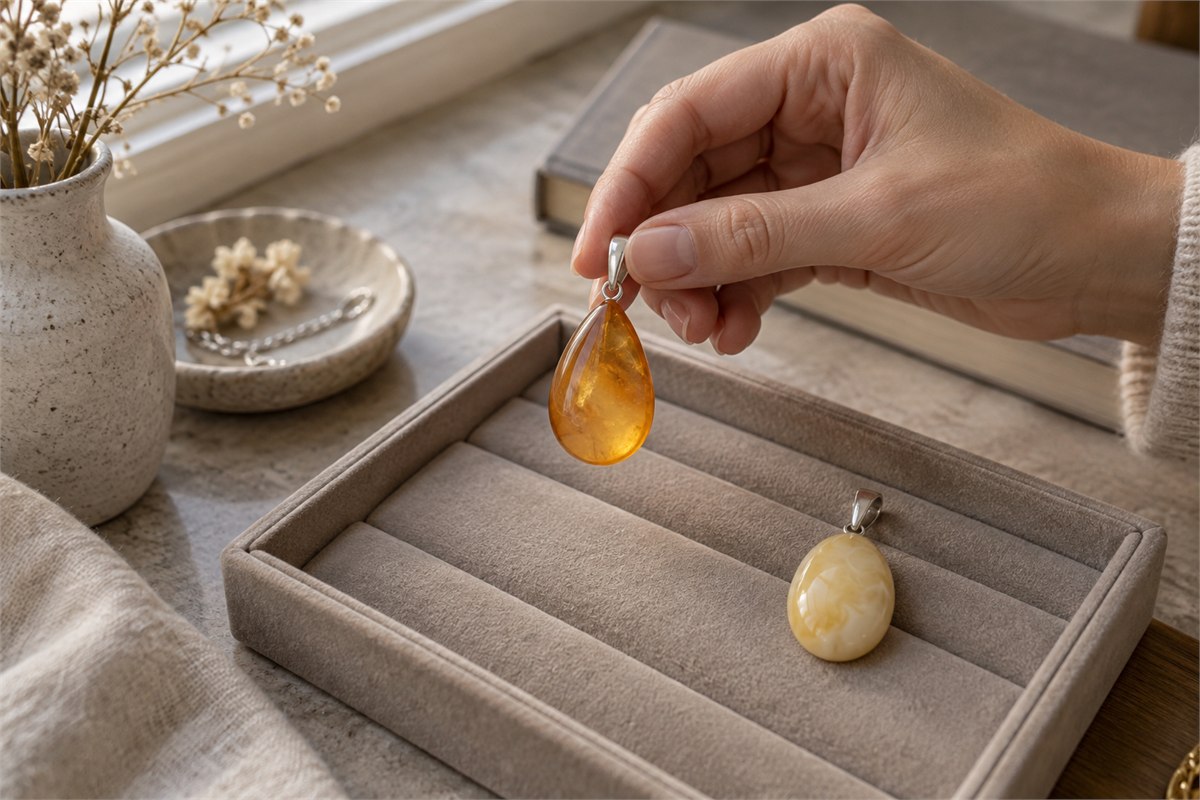 A hand lifts a golden pendant above a soft tray beside a creamy oval pendant.