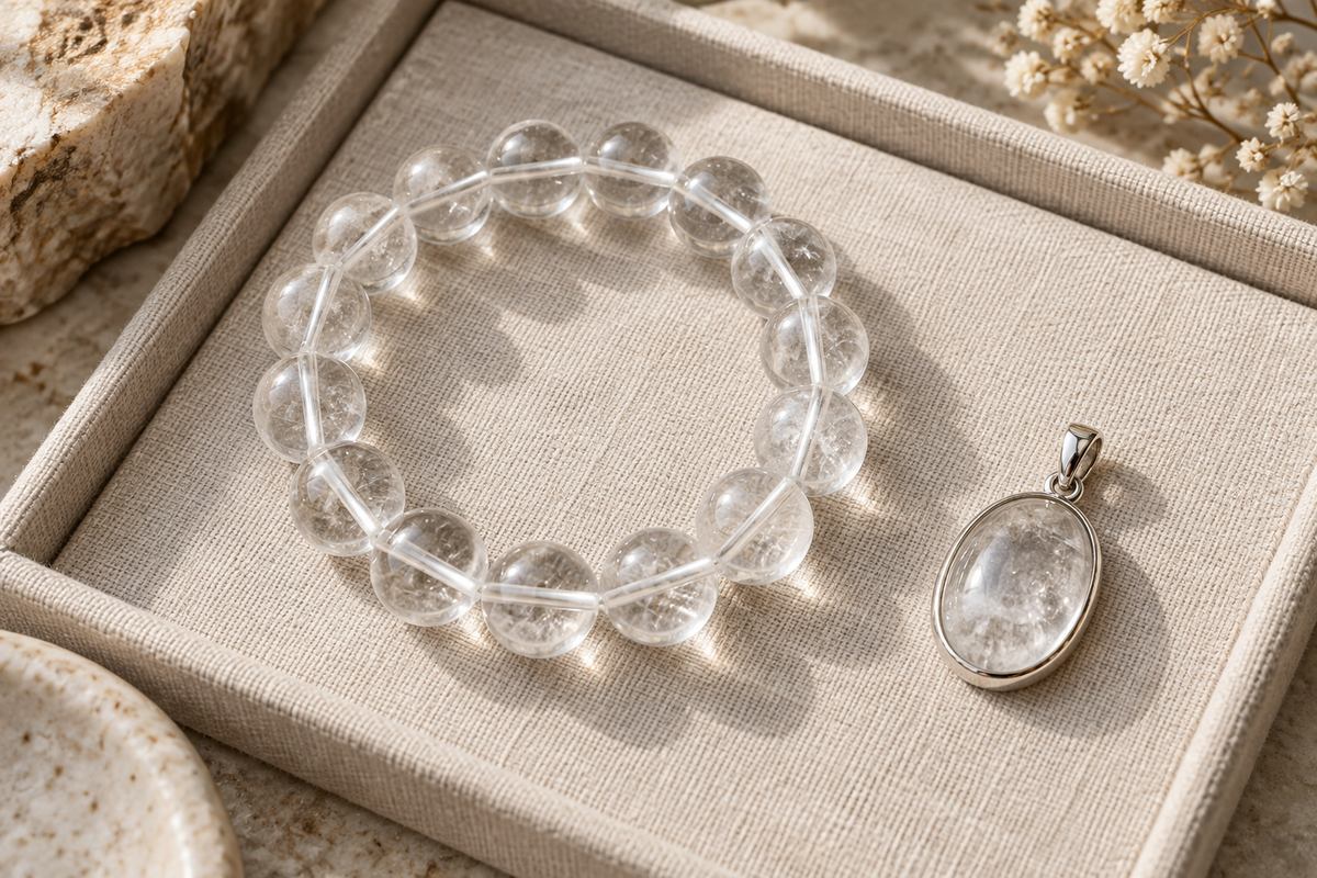 Clear quartz bracelet and pendant arranged for close inspection