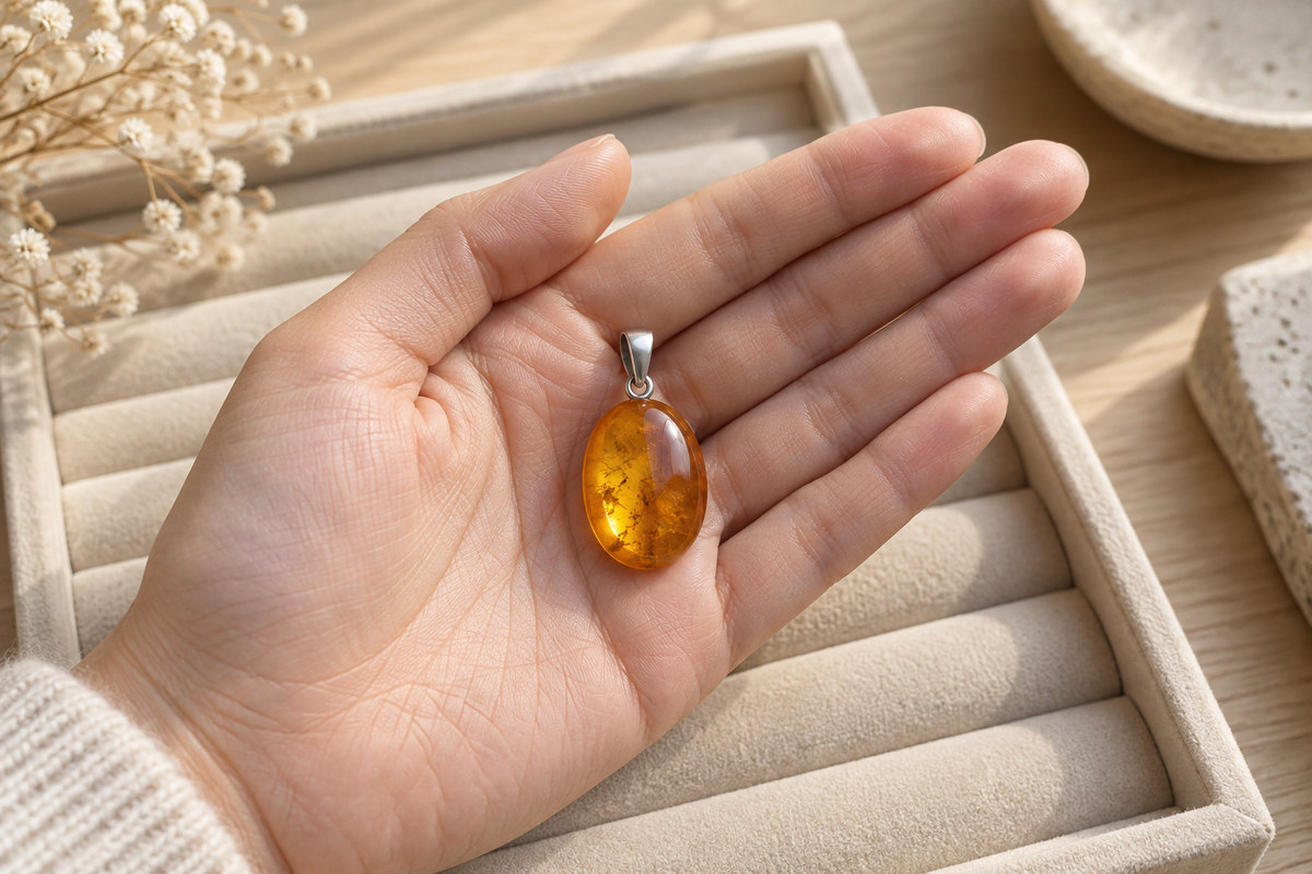 An adult hand holding an oval honey-colored pendant above a fabric-lined tray.