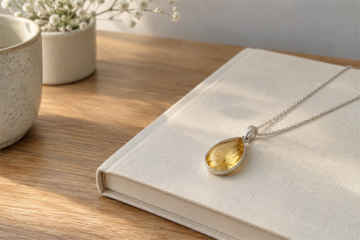 A honey-yellow citrine pendant on a cream notebook at an oak desk.