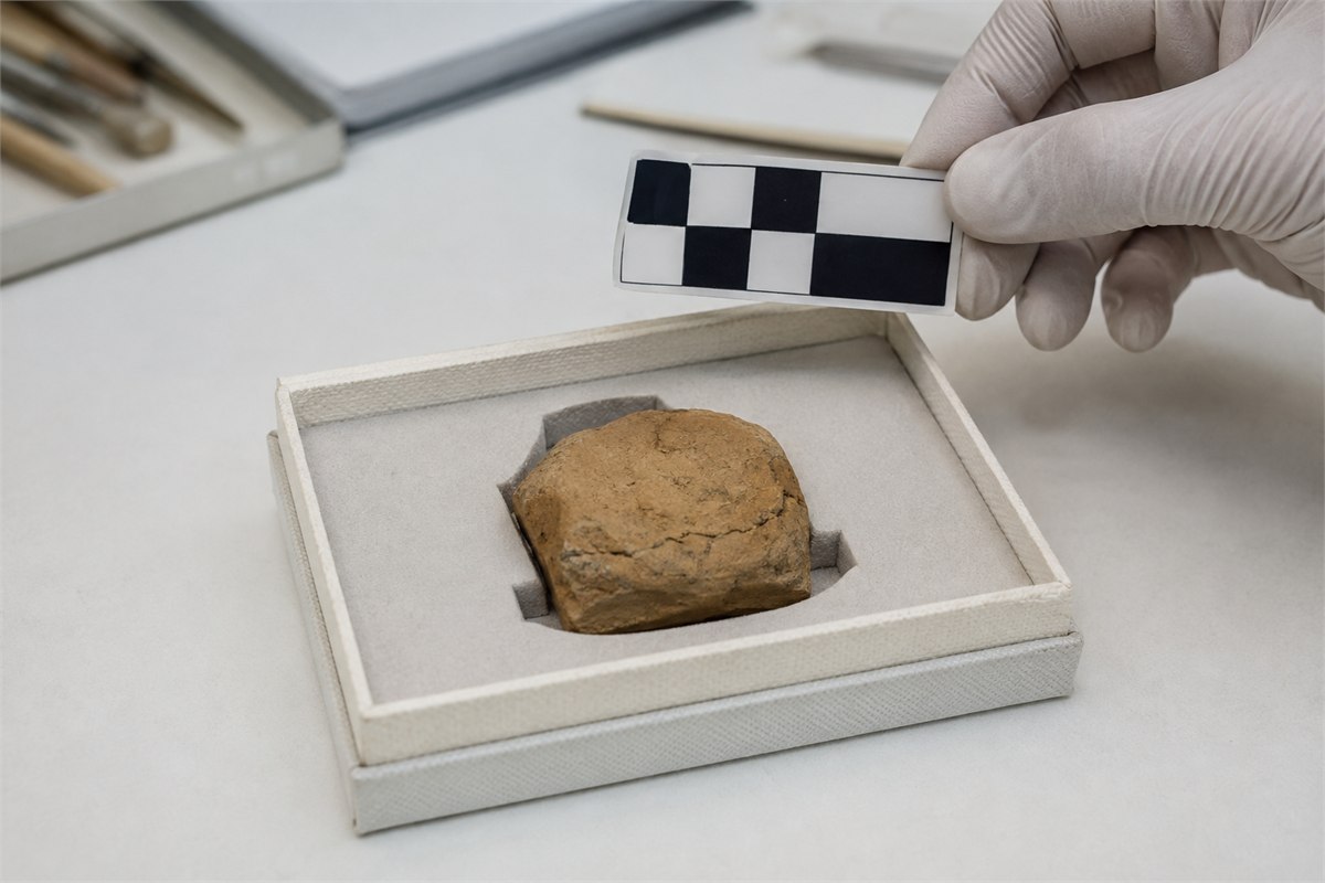 Clay fragment resting in archival support while a gloved hand holds a scale nearby