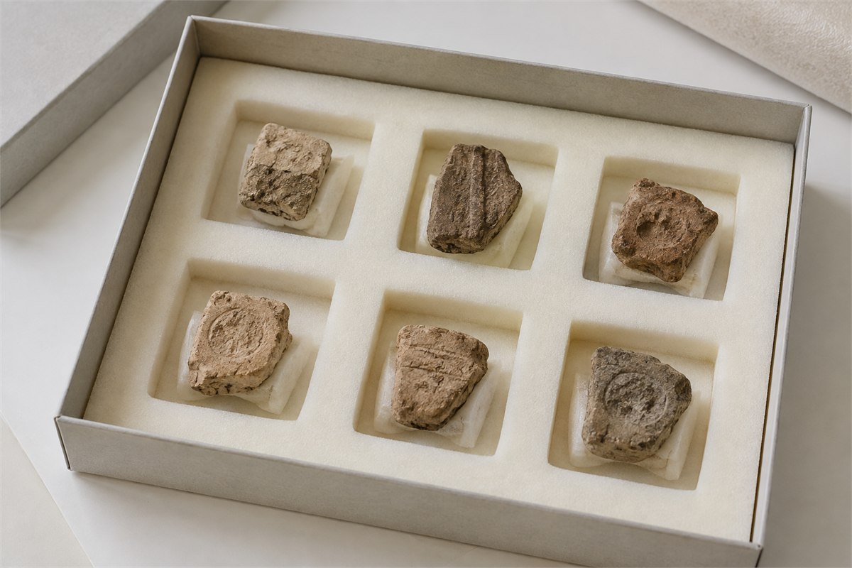 Small clay study fragments individually supported in a neutral archival box